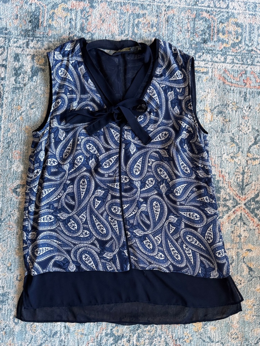 Massimo Dutti Sleeveless Navy Paisley Tie-Neck Blouse